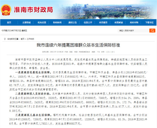淮南市連續六年提高困難群眾基本生活保障標準