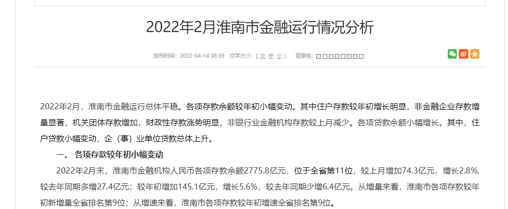 2022年2月淮南市金融運行情況分析