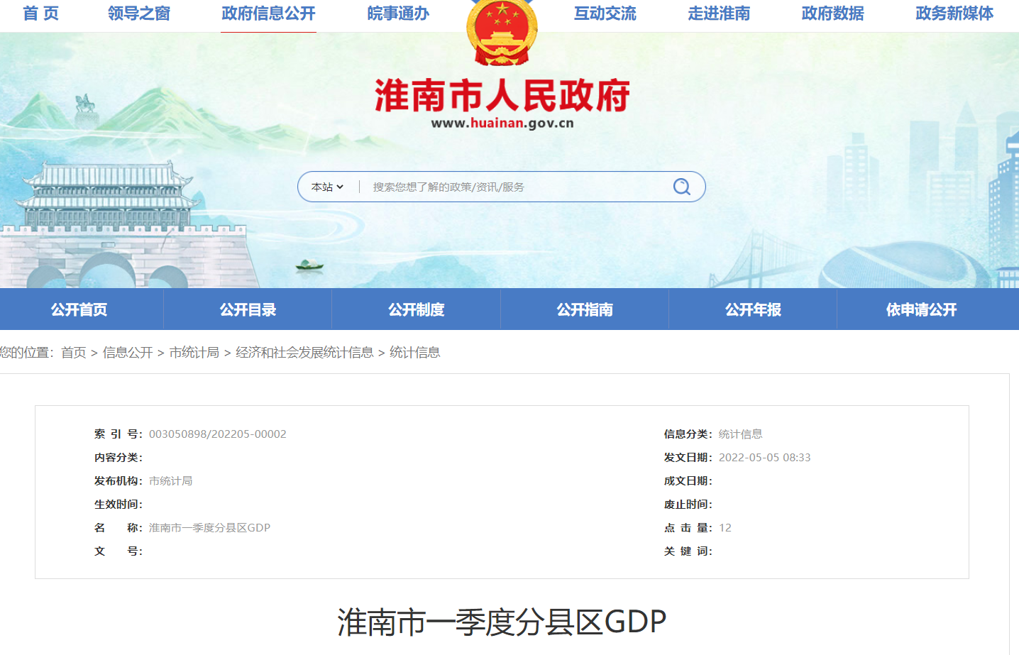 淮南市一季度分縣區GDP