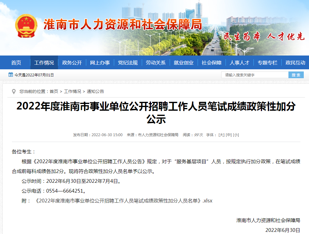 淮南2022年度市事業(yè)單位公開(kāi)招聘工作人員筆試成績(jì)政策性加分公示