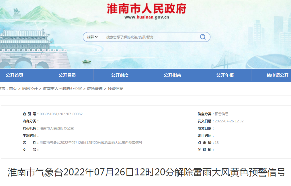 淮南市氣象臺2022年07月26日12時(shí)20分解除雷雨大風(fēng)黃色預警信號