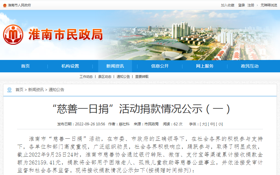 淮南“慈善一日捐”活動(dòng)捐款情況公示（一）