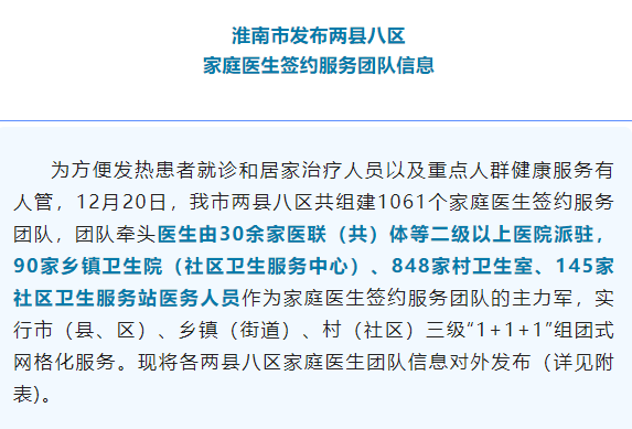 淮南市發(fā)布兩縣八區家庭醫生簽約服務(wù)團隊信息