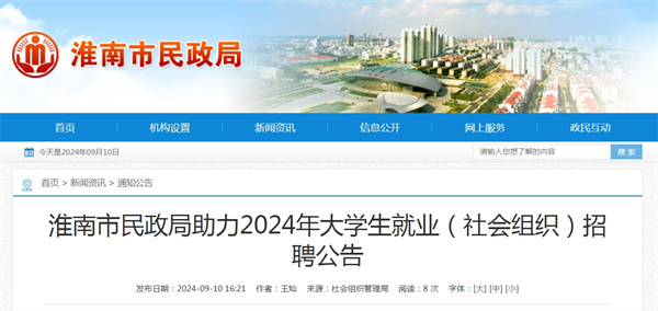 淮南市民政局助力2024年大學(xué)生就業(yè)（社會(huì )組織）招聘公告